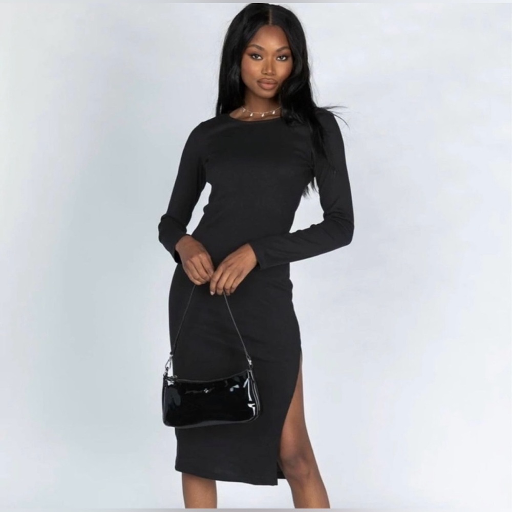 Princess Polly Lioness Black Don't Blame Me Long Sleeve Side Slit Dress Size XS